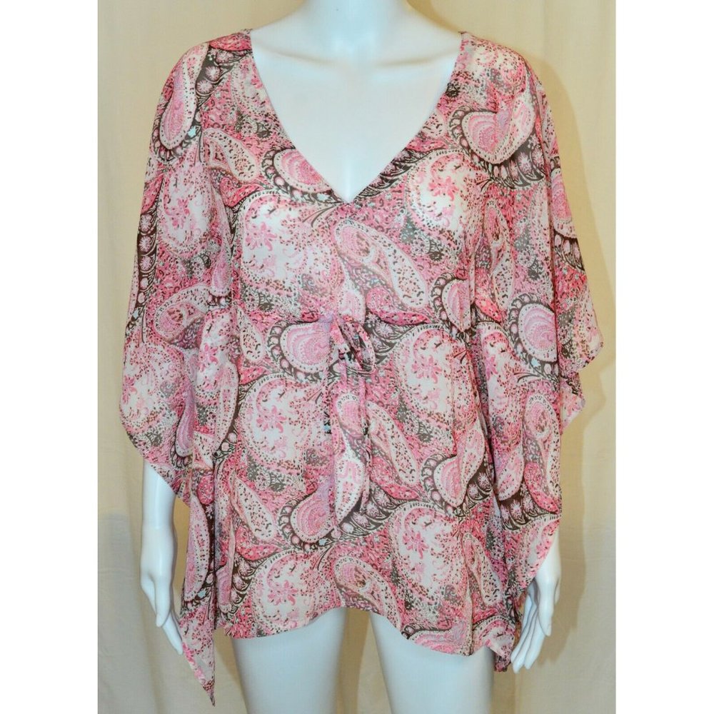 2b Bebe Y2K Top V-Neck Paisley Sheer Flutter Sleeve Top Pink/Brown Size XS